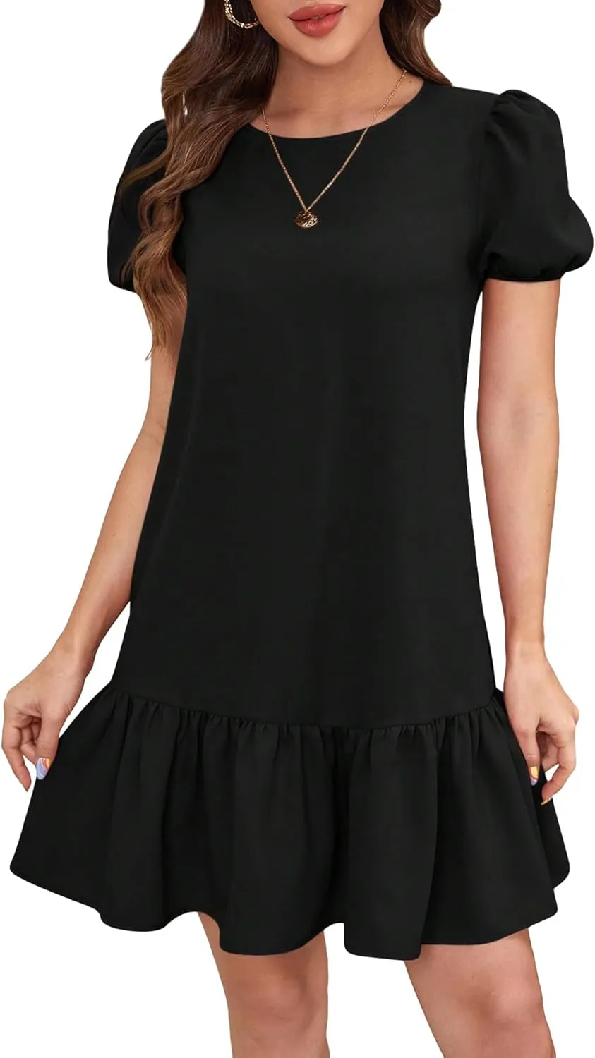 SweatyRocks Women's Short Puff Sleeve Ruffle Hem Mini Dress Casual Round Neck Solid Smock Dress