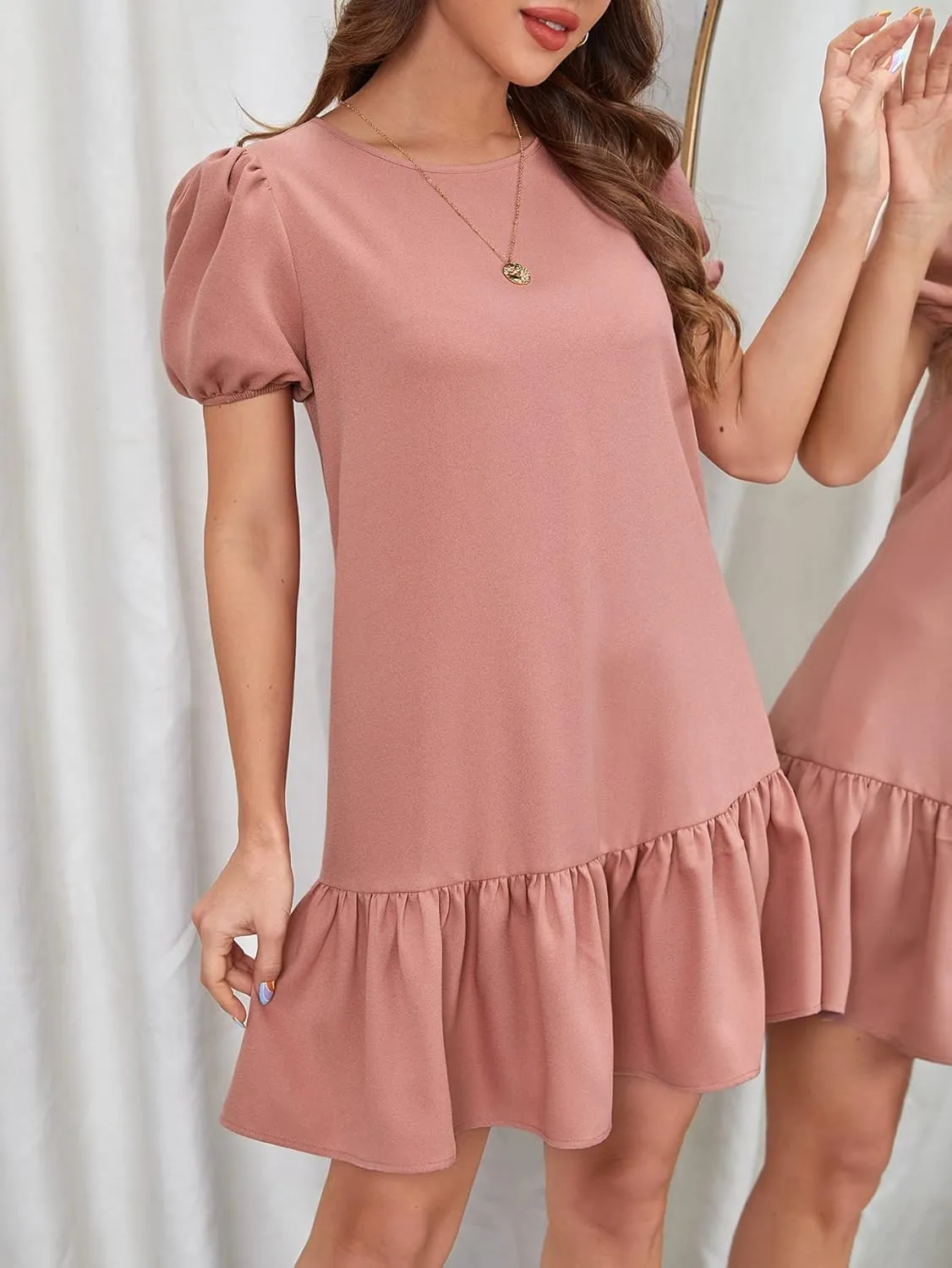 SweatyRocks Women's Short Puff Sleeve Ruffle Hem Mini Dress Casual Round Neck Solid Smock Dress