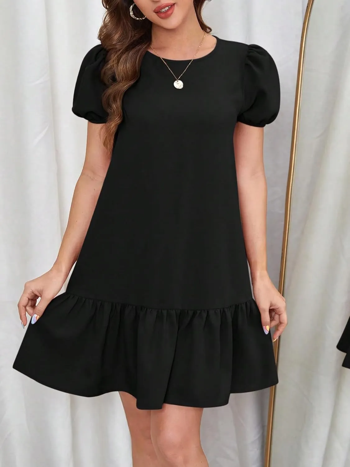 SweatyRocks Women's Short Puff Sleeve Ruffle Hem Mini Dress Casual Round Neck Solid Smock Dress