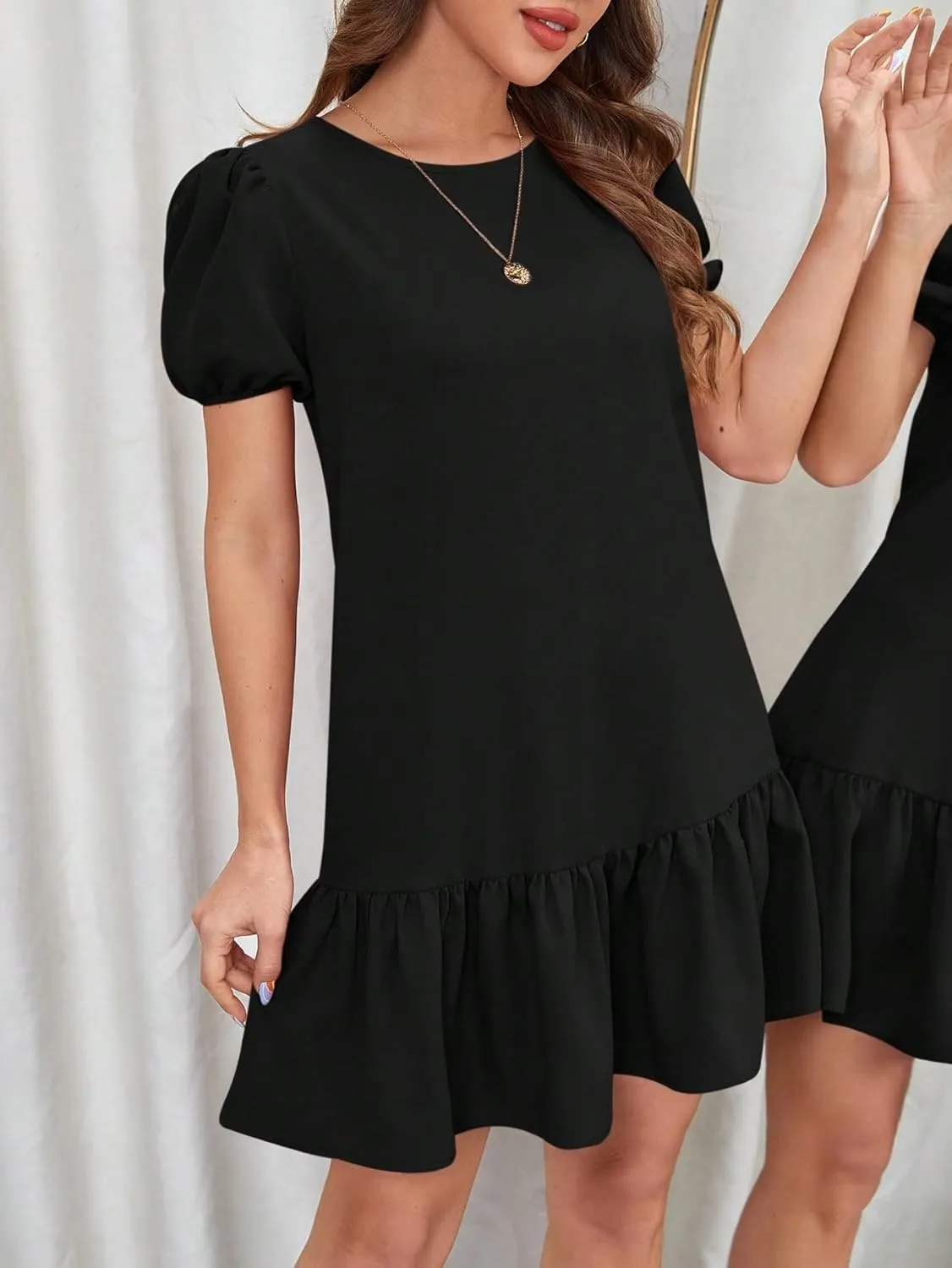 SweatyRocks Women's Short Puff Sleeve Ruffle Hem Mini Dress Casual Round Neck Solid Smock Dress