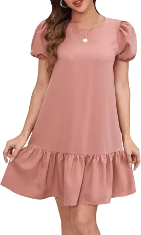 SweatyRocks Women's Short Puff Sleeve Ruffle Hem Mini Dress Casual Round Neck Solid Smock Dress
