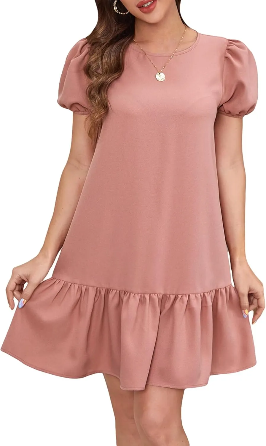SweatyRocks Women's Short Puff Sleeve Ruffle Hem Mini Dress Casual Round Neck Solid Smock Dress