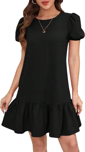 SweatyRocks Women's Short Puff Sleeve Ruffle Hem Mini Dress Casual Round Neck Solid Smock Dress