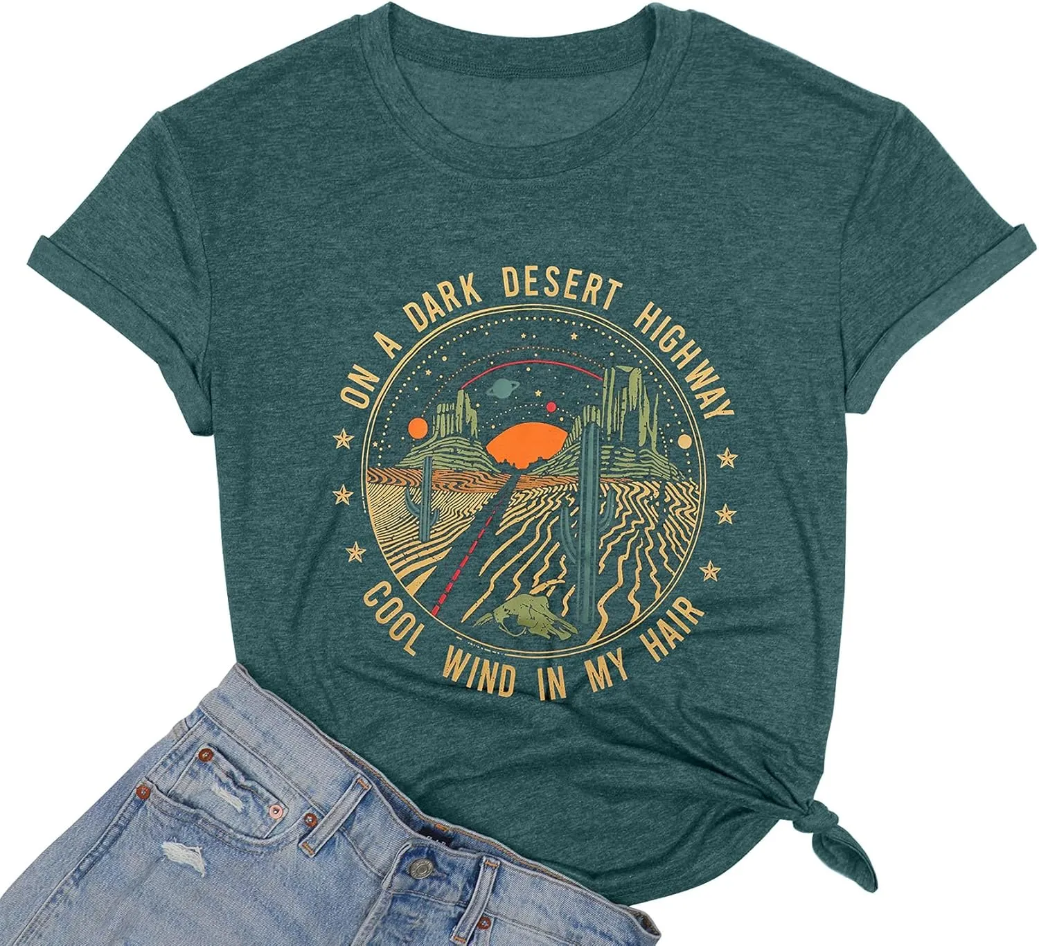 TAOHONG Adventure Shirts Women Retro Desert Highway T-Shirt Funny Nature Graphic Tee Casual Short Sleeve Tee Tops