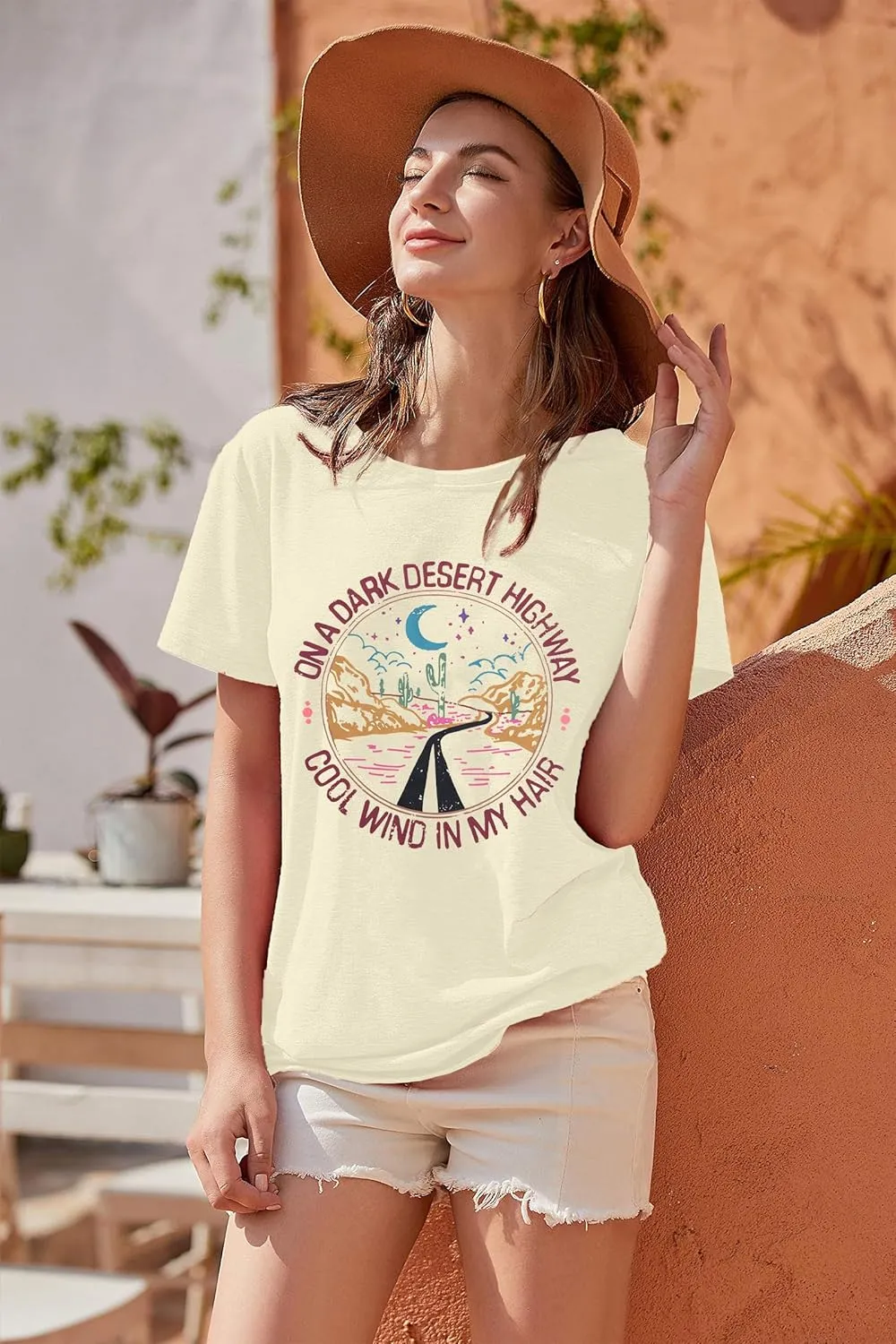 TAOHONG Adventure Shirts Women Retro Desert Highway T-Shirt Funny Nature Graphic Tee Casual Short Sleeve Tee Tops
