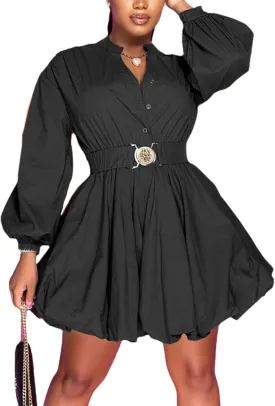 Uni Clau Womens Button Down Shirt Dress Long Sleeve A-Line Casual Puffy Short Mini Dress with Belt