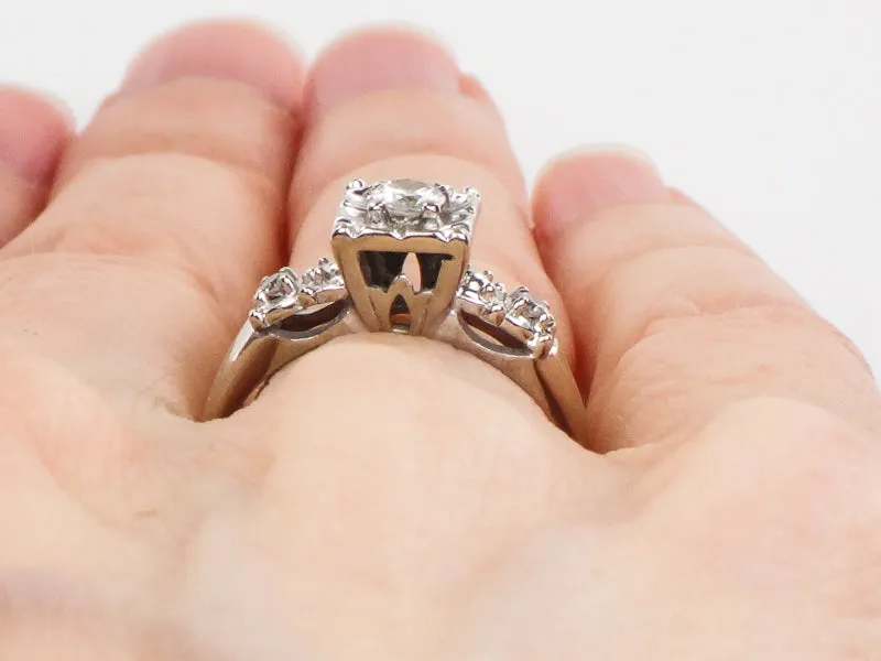 Vintage 14k White Gold Round Cut Natural Diamond Engagement Ring Circa 1950's Size 5