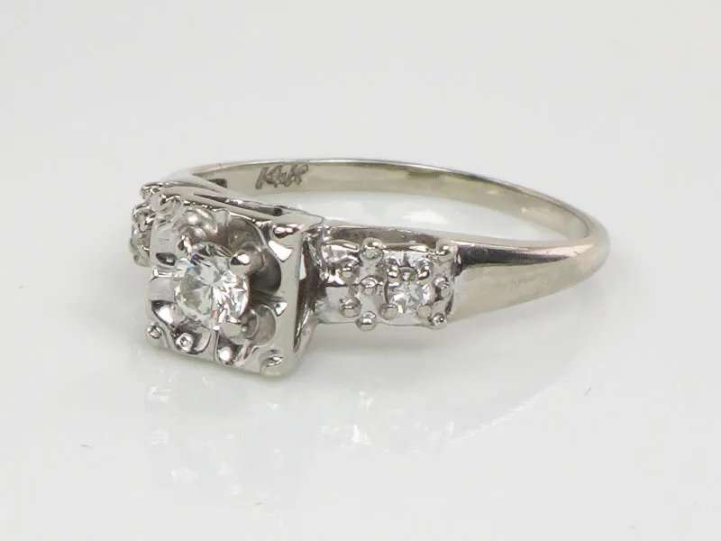 Vintage 14k White Gold Round Cut Natural Diamond Engagement Ring Circa 1950's Size 5