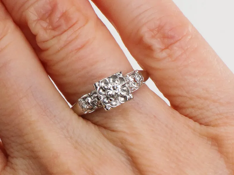 Vintage 14k White Gold Round Cut Natural Diamond Engagement Ring Circa 1950's Size 5