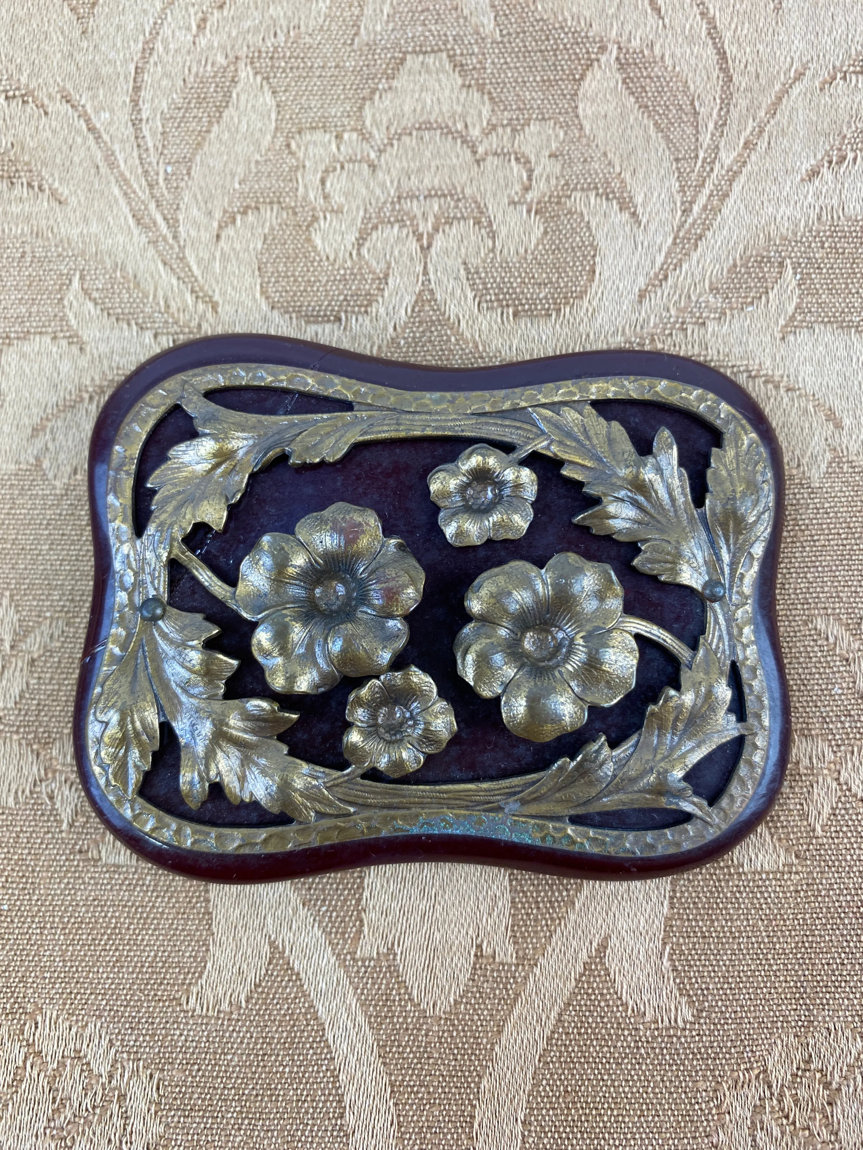 Vintage Art Nouveau Brown Bakelite & Goldtone Metal Floral Buckle