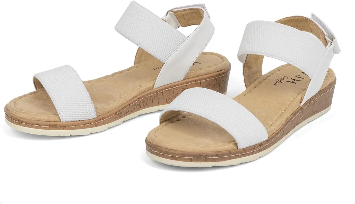 VJH confort Womens Flat Sandals Open Toe Elastic Ankle Strap Slip on Comfy Low Wedge Sandals