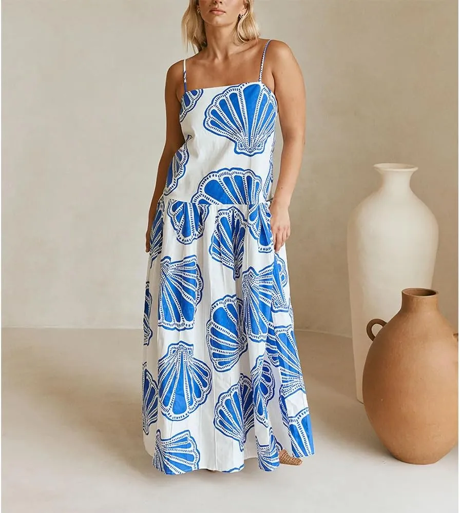 Women Boho Floral Maxi Dress Y2k Sleeveless Long Dress Print Spaghetti Strap A Line Dress Vacation Beach Sundress