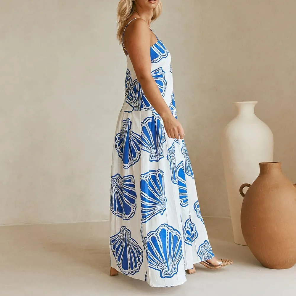 Women Boho Floral Maxi Dress Y2k Sleeveless Long Dress Print Spaghetti Strap A Line Dress Vacation Beach Sundress