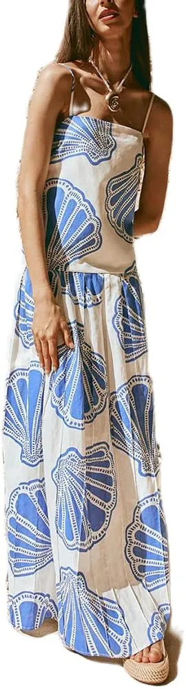 Women Boho Floral Maxi Dress Y2k Sleeveless Long Dress Print Spaghetti Strap A Line Dress Vacation Beach Sundress