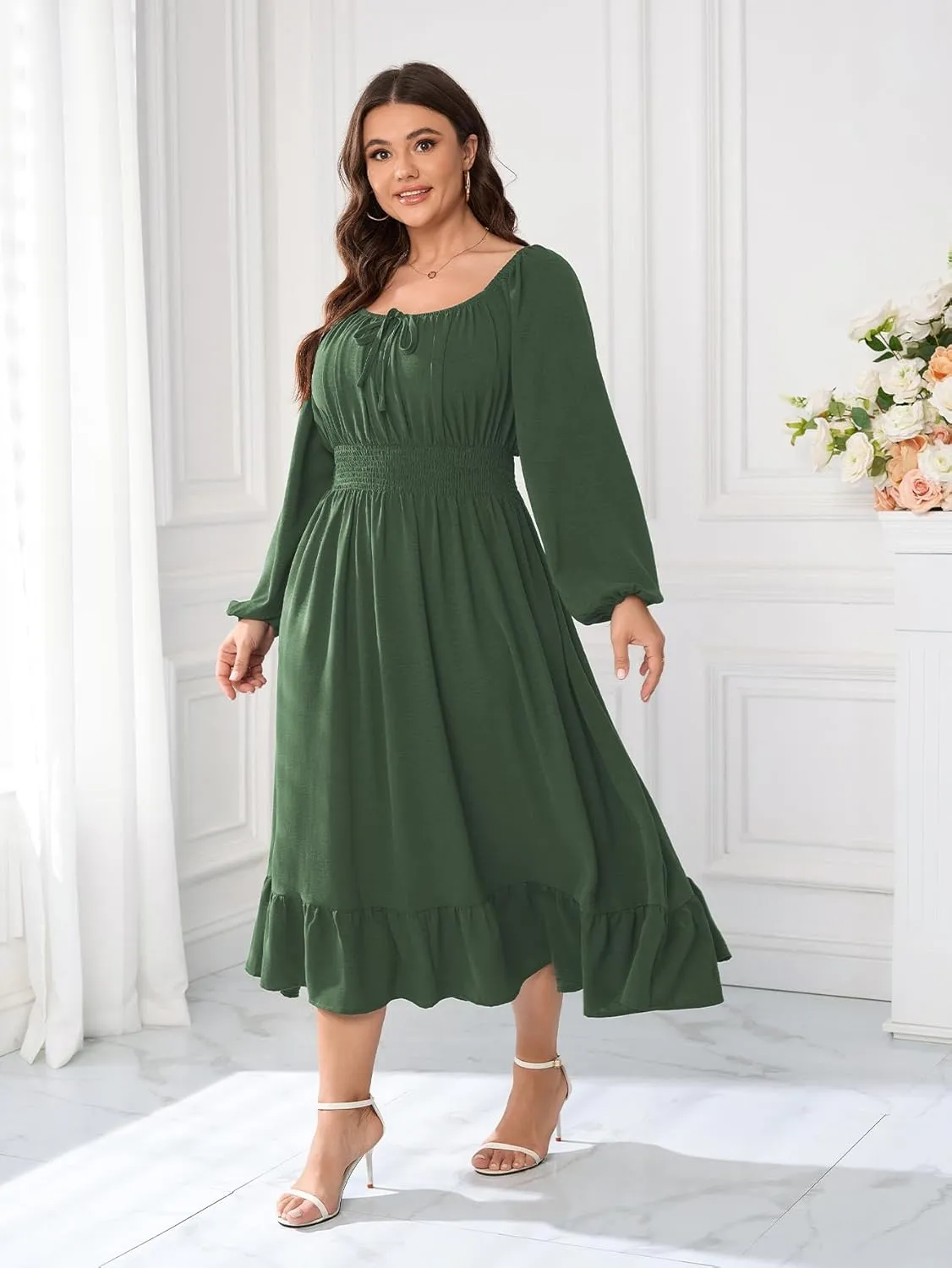 Women's Plus Size Midi Dress Long Sleeve Scoop Neck Elastic High Waist A Line Dresses for Women Wedding Guest Dress