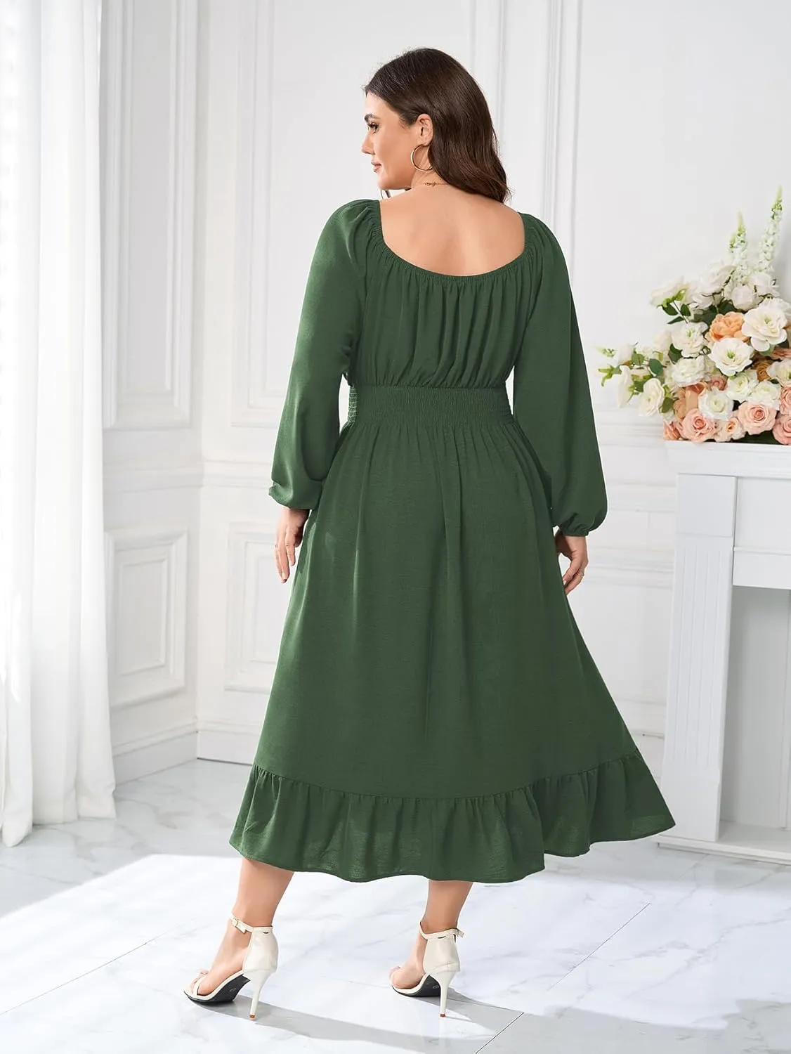 Women's Plus Size Midi Dress Long Sleeve Scoop Neck Elastic High Waist A Line Dresses for Women Wedding Guest Dress
