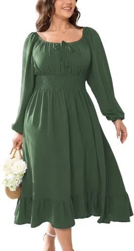Women's Plus Size Midi Dress Long Sleeve Scoop Neck Elastic High Waist A Line Dresses for Women Wedding Guest Dress