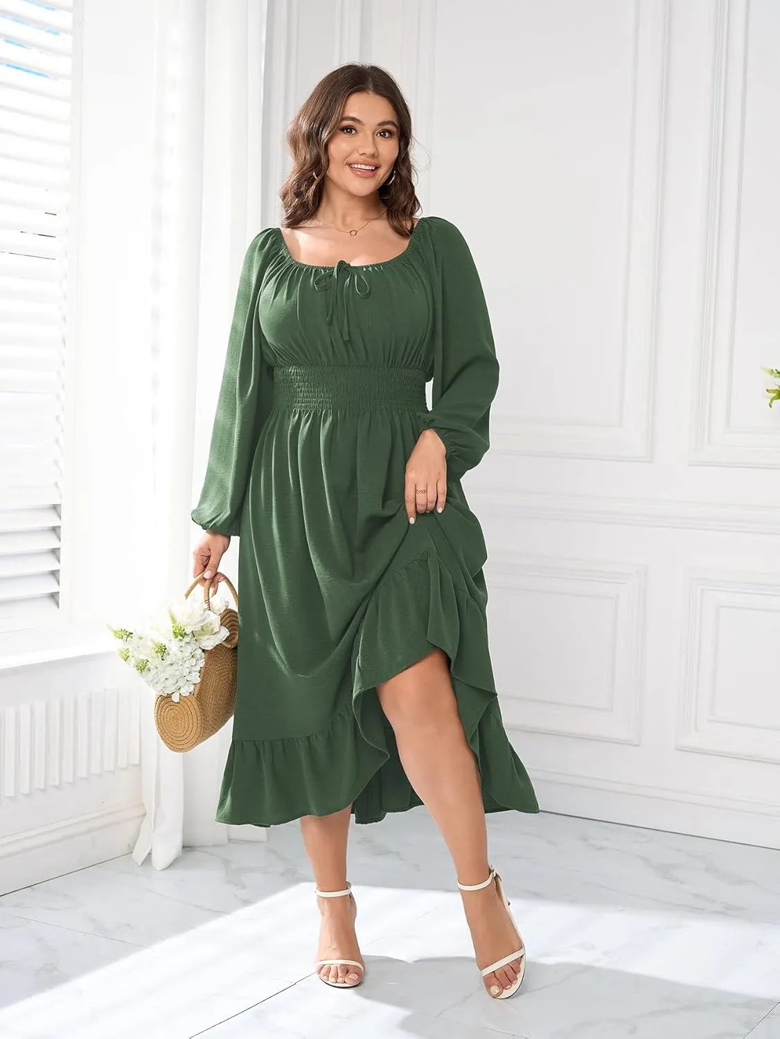 Women's Plus Size Midi Dress Long Sleeve Scoop Neck Elastic High Waist A Line Dresses for Women Wedding Guest Dress