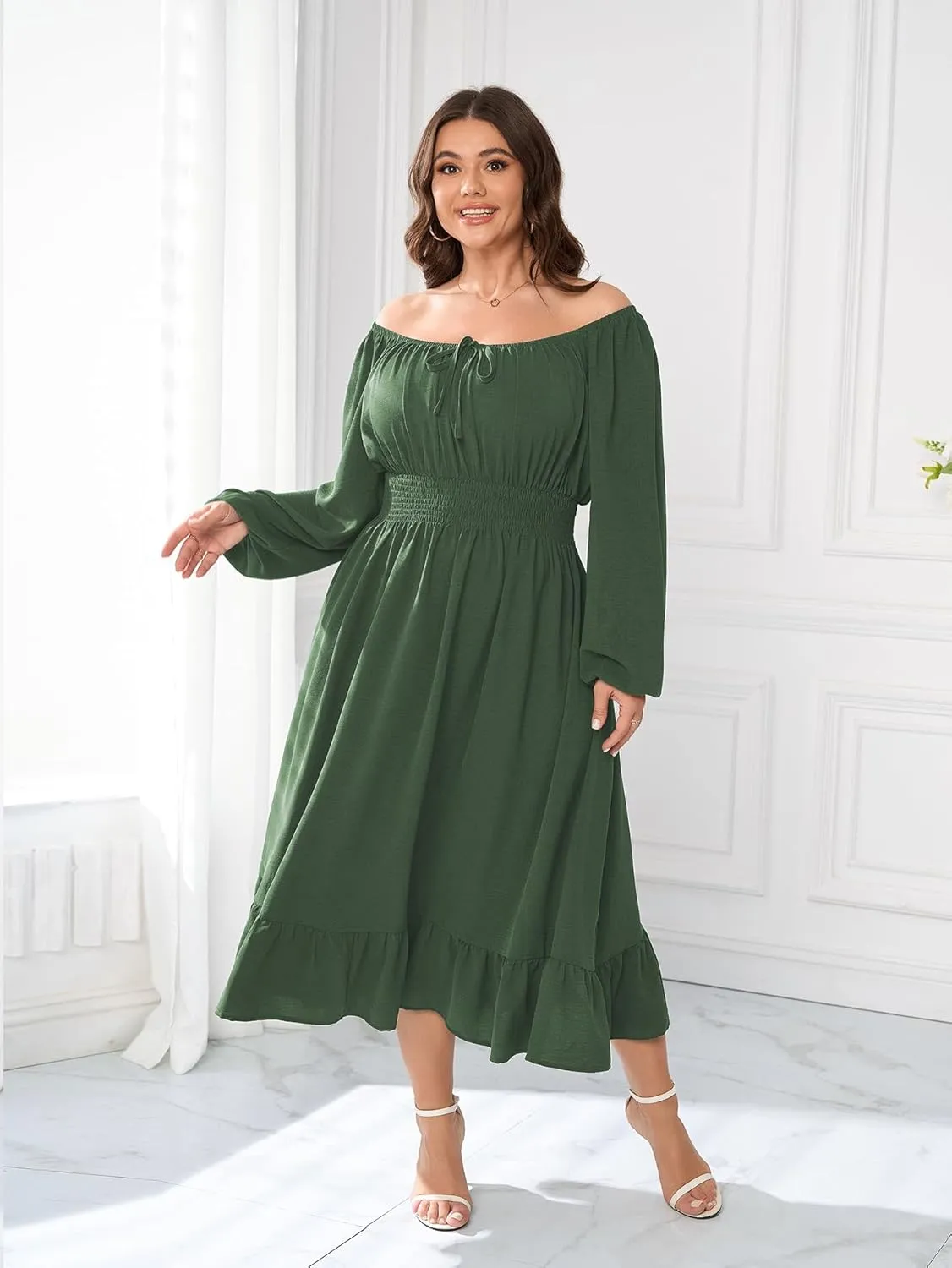 Women's Plus Size Midi Dress Long Sleeve Scoop Neck Elastic High Waist A Line Dresses for Women Wedding Guest Dress