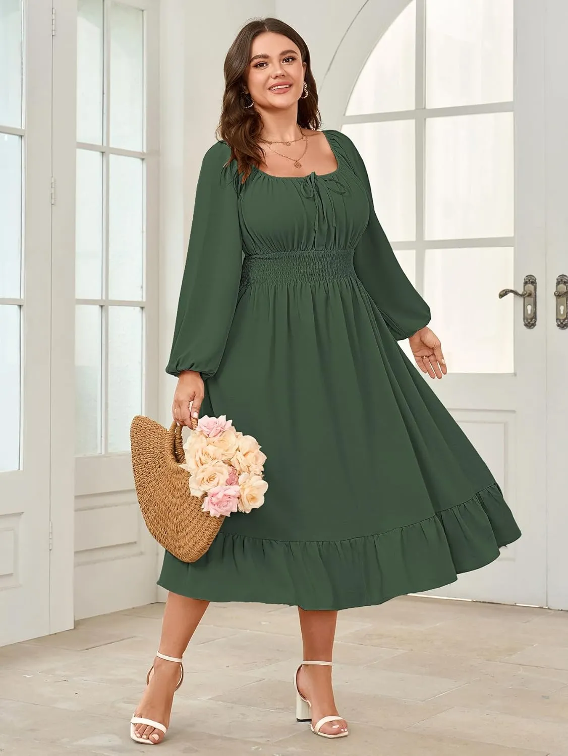 Women's Plus Size Midi Dress Long Sleeve Scoop Neck Elastic High Waist A Line Dresses for Women Wedding Guest Dress