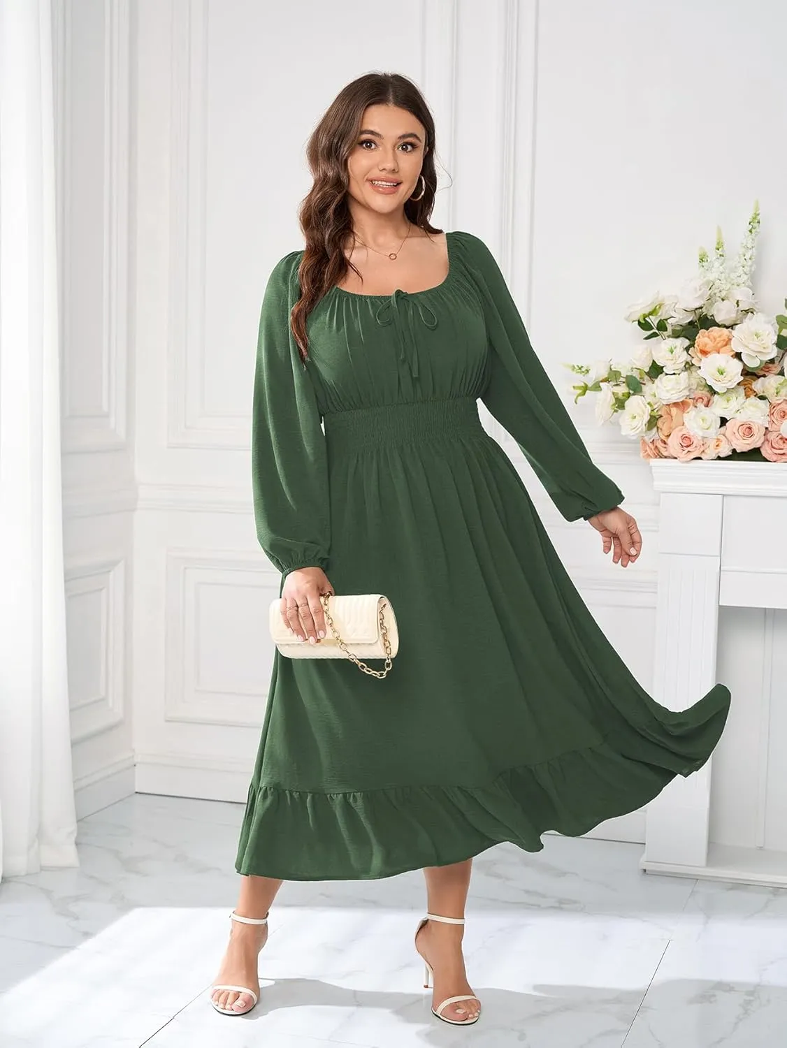 Women's Plus Size Midi Dress Long Sleeve Scoop Neck Elastic High Waist A Line Dresses for Women Wedding Guest Dress
