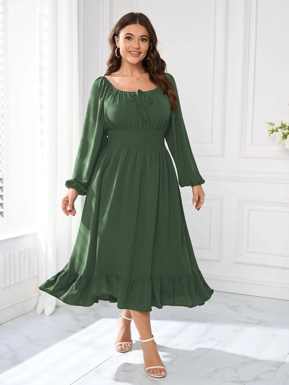 Women's Plus Size Midi Dress Long Sleeve Scoop Neck Elastic High Waist A Line Dresses for Women Wedding Guest Dress