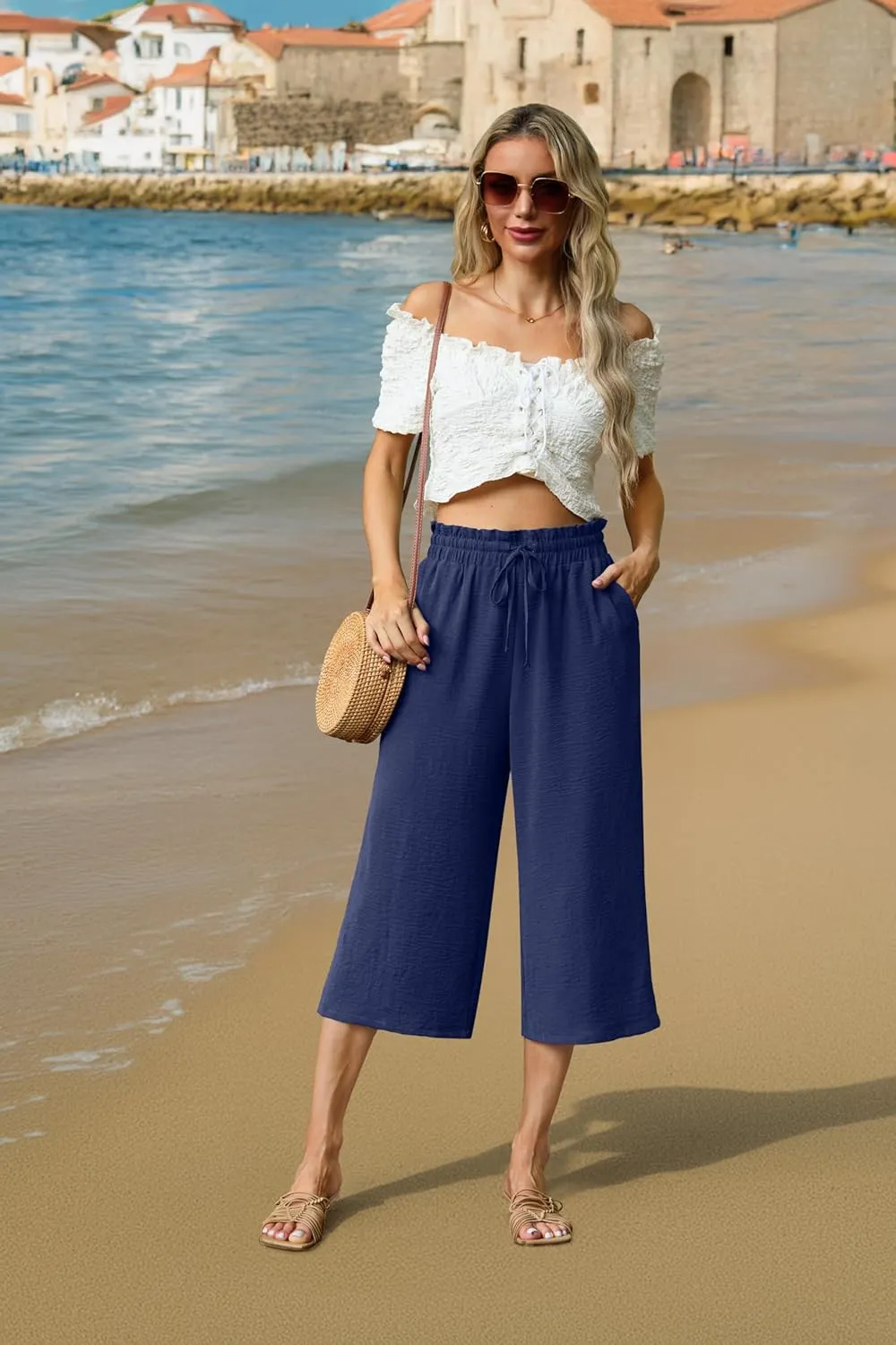Womens Wide Leg High Waisted with Tie Belt Pockets Summer 2025 Vacation Pants