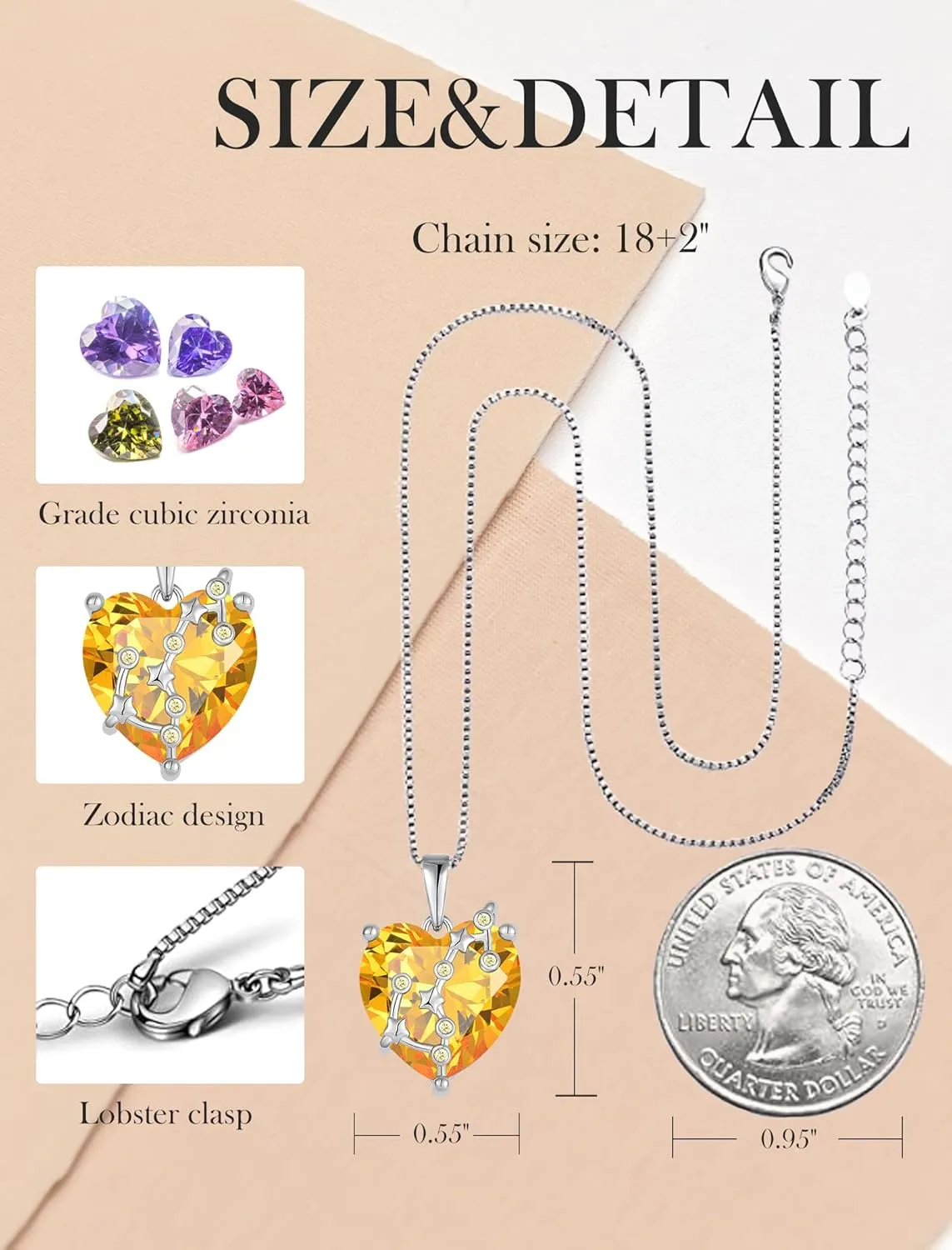 Zodiac Constellation Necklace for Women, 925 Sterling Silver Heart Pendant with Birthstone Astrology Horoscope Jewelry Gifts